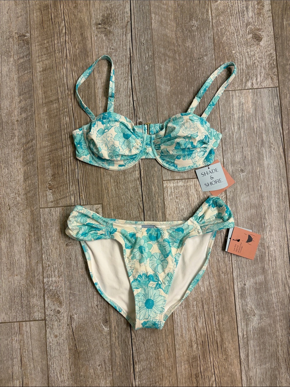 Shade & Shore aqua tiffany blue floral 2 piece bikini swim suit sz M NWT